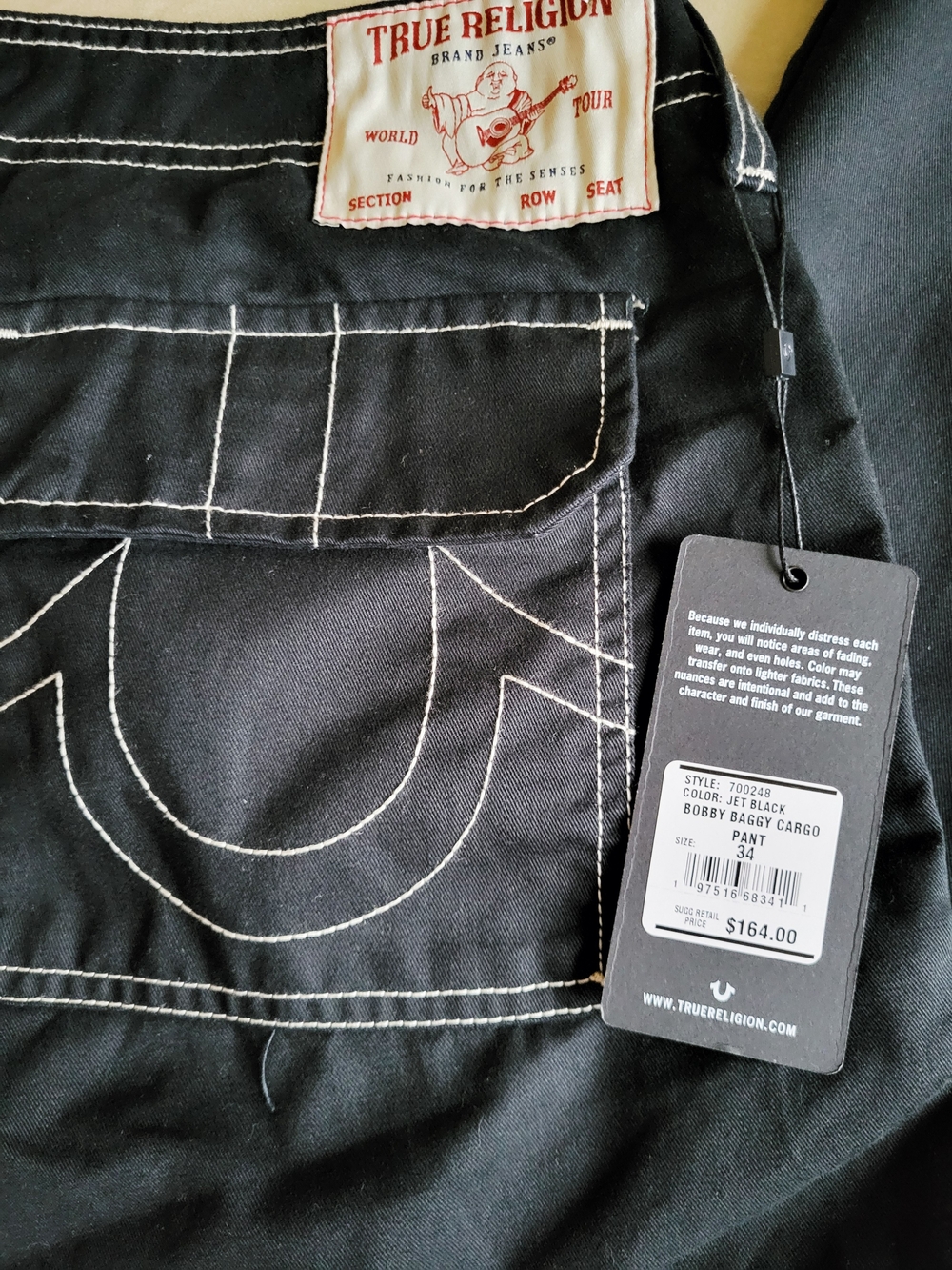 True Religion Bobby Baggy Cargo Pant Mens 34 Jet Black White Stitch NWT - Picture 5 of 10